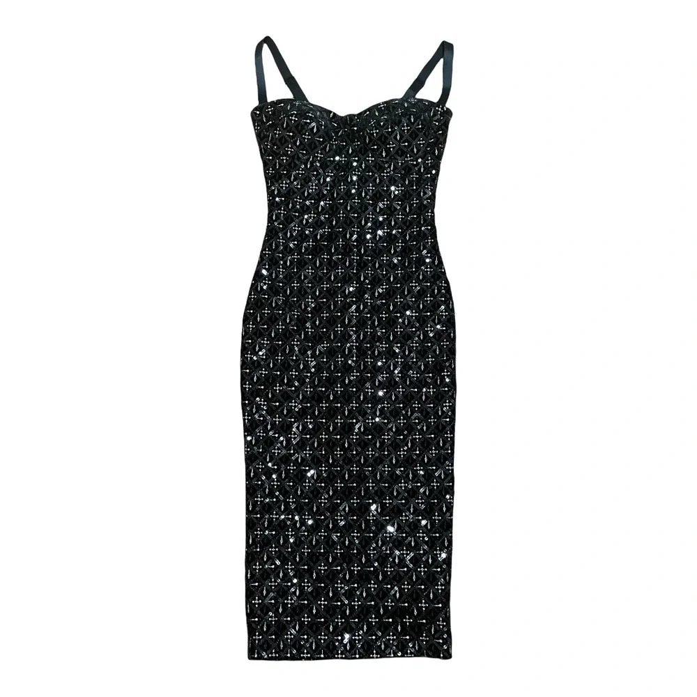 SOLD. Nadine Merabi NWT Black Velvet Sequin Embroidered Francesca Corset Midi XS - Picture 2 of 10